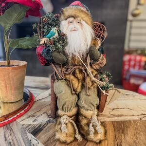 Woodland Mountain Man Santa in Wooden Twig Chair w/ Bird & Snow Shoes, 14"H